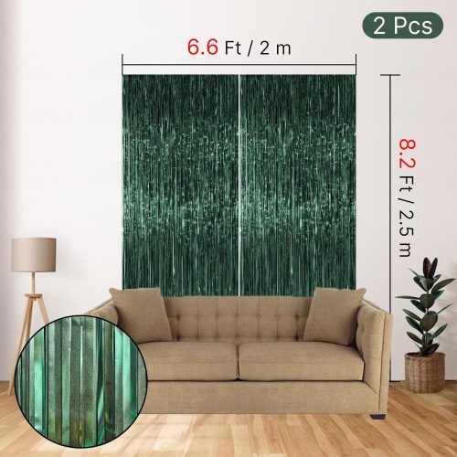 PartyWoo Green Streamers Backdrop 2pcs Green Tinsel Foil Fringe Streamer Curtains 8.2 FT Curtains Photo Backdrop for Graduation Birthday Dinosaur Jungle Golf Football Theme Party Decorations