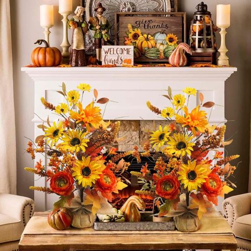19.6" Fall Table Tree Decor, Artificial Tabletop Fall Tree with Fall Leaves Stems Fall Orange Flowers Fall Decorations for Indoor Outdoor Home Autumn Thanksgiving Table Centerpieces