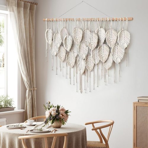LOMOHOO Macrame Wall Hanging Boho Beige Leaves Tapestry Bohemian Handmade Woven Wall Art Decoration for Bedroom Living Room Apartment Dorm Gallery Perfect Handmade Gift Ideas