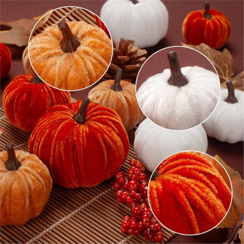 21 PCS Fall Artificial Velvet Pumpkins Set, Fake Fabric Pumpkin Faux Foam Pumpkins, Orange Khaki White Pumpkin Decorations for Fall Harvest Thanksgiving Halloween Farmhouse Table Centerpiece
