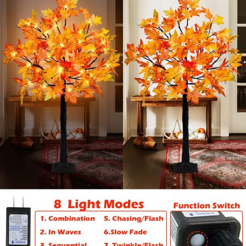4 FT 48 LED Lighted Maple Tree Fall Thanksgiving Decor Light Up Fall Artificial Maple Tree with 12 Pumpkin Lights Timer 8 Flashing Modes for Autumn Harvest Indoor Outdoor Decoration