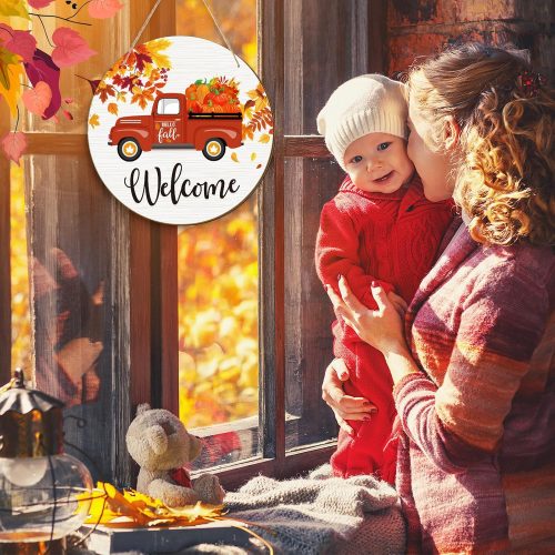 2 Pcs Thanksgiving Welcome Signs for Door Hello Fall Wood Welcome Sign with Bow Maple Leaf Pumpkin Rustic Farmhouse Door Hanger for Thanksgiving Home Harvest Wall Window Party Favors