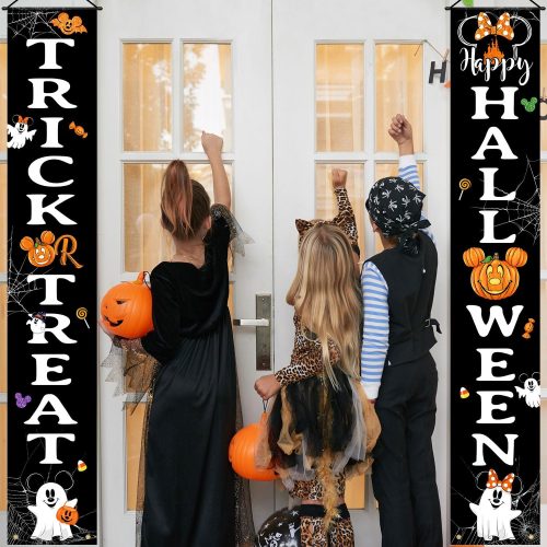 Halloween Mouse Pumpkin Door Banners, Trick or Treat &Happy Halloween Large Door Hanger Decor, Cartoon Themed Ghost Banner Porch Signs for Front Door Yard Garland Indoor Outdoor Party Supplies
