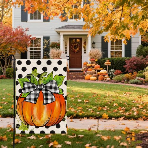 Hello Fall Pumpkin Garden Flag 12x18 Inch, Double Sided Autumn Thanksgiving Holiday Burlap Yard Flag for Outdoor Decoration