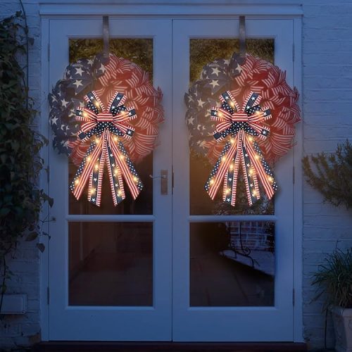 LED Veterans Day Bows for Wreath, Patriotic Wreath Bow Red Blue Burlap Bow American Flags Ribbons with LED Lights Christmas Farmhouse Craft Bows for Front Door Decorations