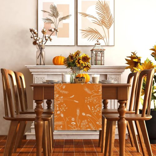 Orange Floral Fall Table Runner,Seasonal Autumn Thanksgiving Harvest Festival Farmhouse Decorations and Supplies for Home Kitchen Dining Room Table-13×72''