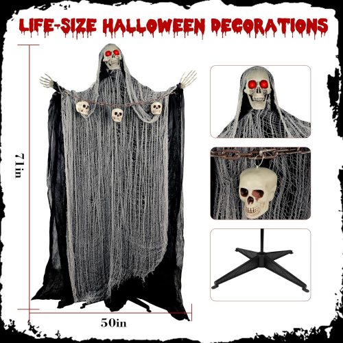 Outdoor Halloween Decorations, 71" Halloween Animatronics Decor Led Light Eyes Sound&Touch Activated Scary Haunted House Decor with Spooky Sound Adjustable Arm for Party Yard Lawn Outdoor Indoor