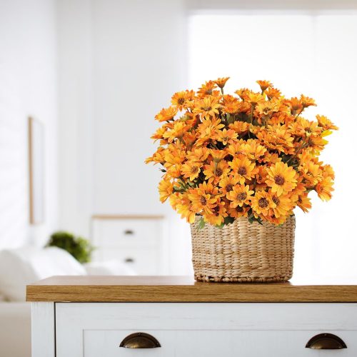 7 Bundles Fake Mums Artificial Fall Flowers for Outdoors Silk Daisy Floral Faux Mum Plants for Home Decor Indoor Outside Porch Pots Planters Potted Decorations (Orange)