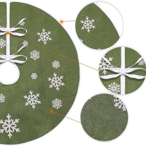 MACTING Christmas Small Tree Skirt, 30 Inch Green Burlap Tree Mat with White Snowflake Printed for 5FT Xmas Tree Farmhouse Holiday Party Indoor Home Decorations