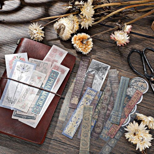 120 Pieces Vintage Scrapbook Washi Stickers Antique Decorative Planner Journal Decals Retro DIY Self-Adhesive Washi Paper Stickers for Photo Albums Cards DIY Projects(Flower, Title, Book)
