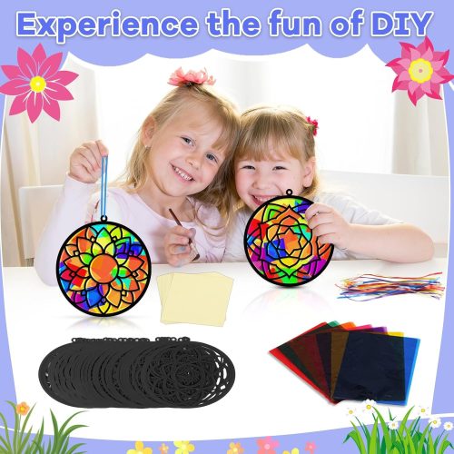 32 Sets Suncatchers Craft Kit DIY Flower Window Stained Glass Effect Paper Spring Home School Classroom Decoration Art Craft Creative Activity Project Kid Gift Favor