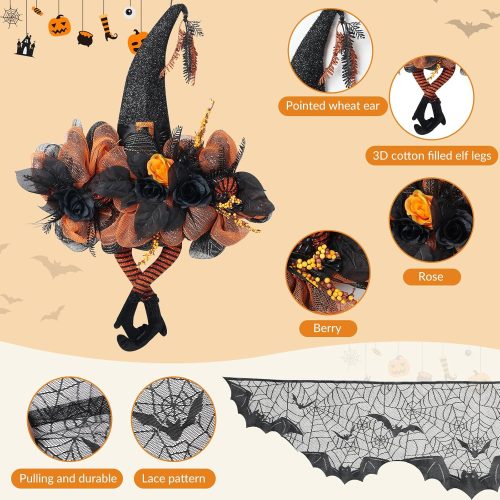 Halloween Wreath with Witch Hat, 30 Inch Large Front Door Wreath with Black Lace Spiderweb Fireplace Mantle Scarf Cover Set, Black and Orange Mesh Decor with Glitter, Roses and Striped Legs