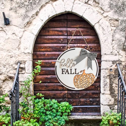 GLLBTPT Hello Fall Wood Sign,Fall Decorative Door Hanging Decor,Autumn Wooden Wall Decor with Bow Knots and Pumpkins Pattern for Wall Door Indoor Outdoor Decoration(117E)