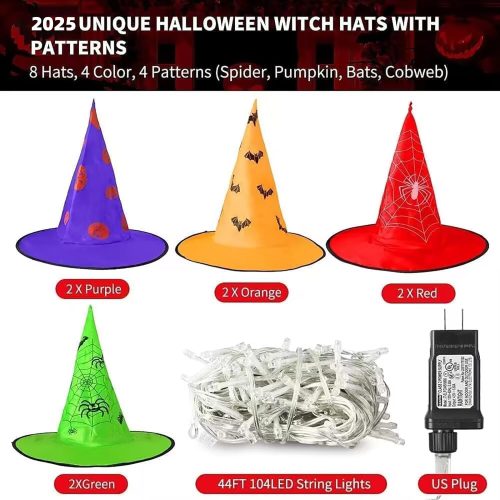 Halloween Decorations Lighted Witch Hats, 8Pcs Hanging Glowing Witch Hats 44ft Halloween Outdoor Lights String with 8 Lighting Modes for Outdoor, Garden, Yard, Tree