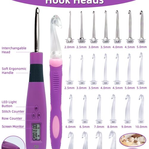 Bybykoi Light Up Crochet Hooks Set with 24 Interchangeable Crochet Kit, Digital Counter, 2 Levels LED, Beginner Knitting Kit for Stitch and Row Counter