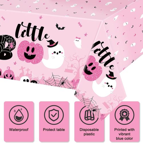 Sliner 3 Pack Pink Halloween Tablecloths - Girl Little Boo Table Covers 108 x 54 Inch Pumpkins Ghost Plastic Table Cloths for Dinner Party Supplies