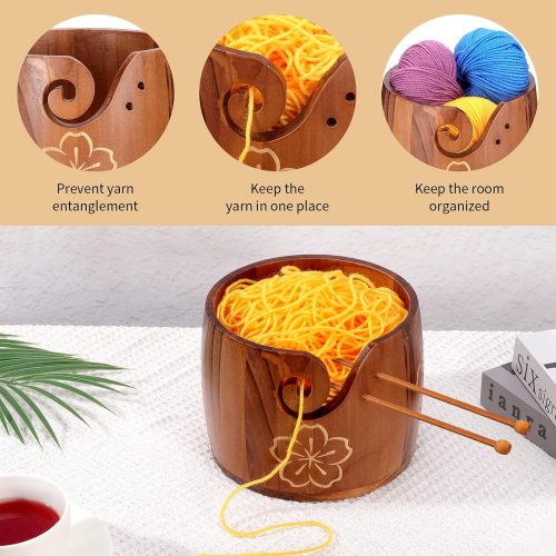 Yarn Bowl Large Size 5''x7'' Pine Wood Unique Design Crochet Bowl for Yarn Holder Knitting Crochet Macrame Craft Supplies