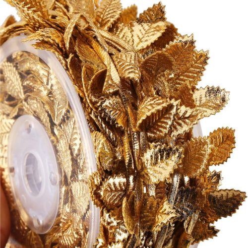 CCINEE 24 Yard Artificial Leaf Ribbon Gold Fabric Leaf Ribbon Trim for Wreath Garland Making, Home Decoration, Gift Wrapping and Crafts Accessory