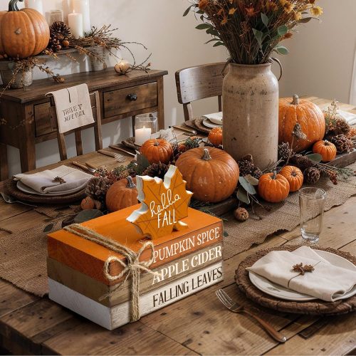 4 Pcs Thanksgiving Decorations for Home Fall Tiered Tray Decor Wood Book Stack with Sign Autumn Stacked Book Decor Bundle for Office Table Shelf Decorative Trays(Maple Leaf)