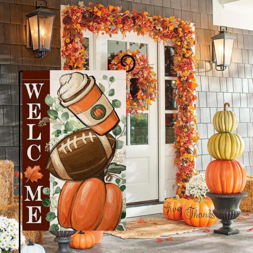 BLKWHT Fall Football Pumpkin Garden Flag 12x18 Vertical Double Sided Maple Leaves Welcome Autumn Thanksgiving Holiday Outside Decorations Burlap Yard Flag BW831