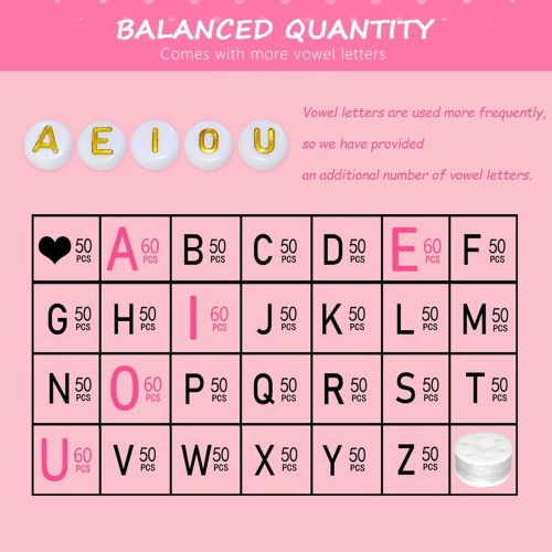 Looconi 1400pcs Letter Beads A-Z 4x7mm White On Gold Round Acrylic Alphabet Heart Beads and Beading Cord for Jewelry Making Bracelets Necklaces Key Chains