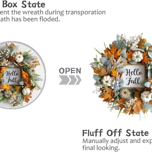 20inch Thanksgiving Fall Wreath, Eucalyptus Berries Pumpkins Lamb Ears Leaves Autumn Wreaths for Front Door, Fall Decor, Porch Wall, Home Outdoor Holiday Decorations Wreath for Autumn