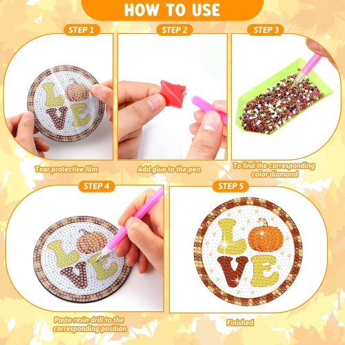 Shellwei 8 Pcs Thanksgiving Diamond Art Coasters Fall Diamond Art Kits with Holder Pumpkin Turkey Gnome Orange DIY Panting Kits for Craft Adults Gifts