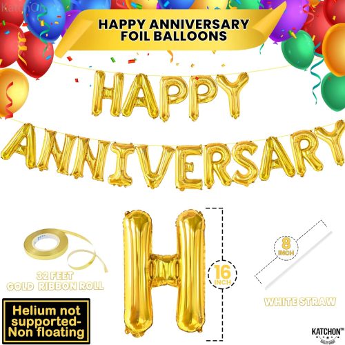 KatchOn, Gold Happy Anniversary Balloons Letters - Big, 16 Inch | Gold Happy Anniversary Decorations | Wedding anniversary Party Decorations | Wedding Love Party Celebrations