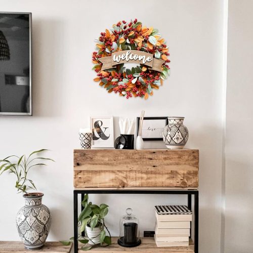 22 Inch Fall Berries Wreaths for Front Door, Autumn Leaves Wreath for Indoor Outdoor, Welcome Wood Sign Fall Festival Wreaths for Home Decor