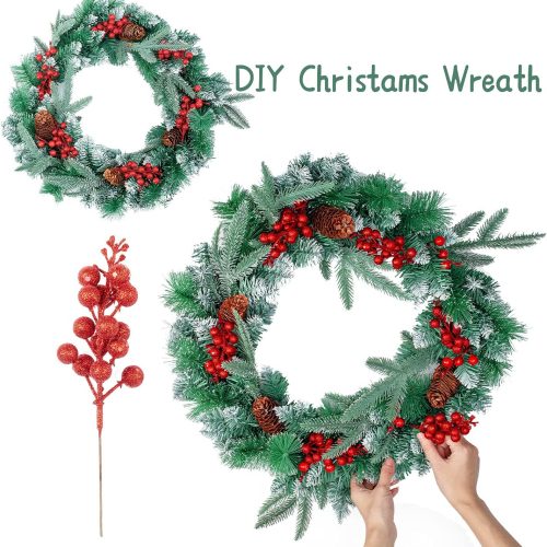 Crafare 24 Pack 7.5Inch Christmas Glitter Berries Stems Artificial Valentine's Day Picks for Christmas Tree Ornaments, DIY Xmas Wreath, Crafts, Holiday and Home Decor, Red