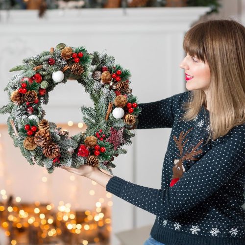 48 Pcs Christmas Picks and Sprays Christmas Tree Floral Picks Holly Red Berry Stem Spray Greenery for Craft Artificial Faux Pine Branches Pine Cones Branches for Tree Home Decor Garland Wreath (Cute)