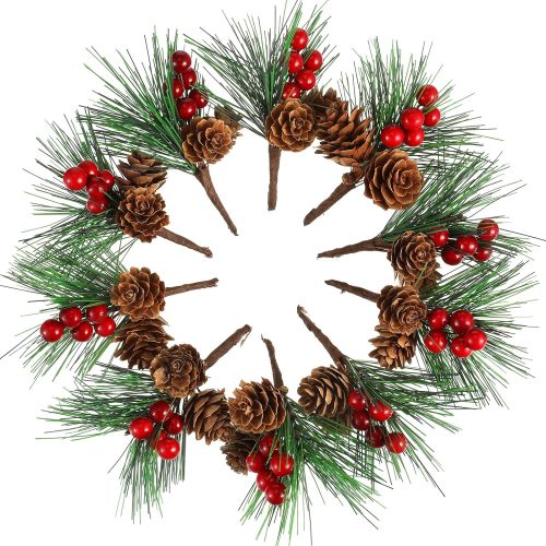 WILLBOND 24 Pieces Artificial Pine Picks Christmas Pine Needles Branches with Berry Pinecones Berry Branches Fake Berries for Flower Arrangements Wreaths Holiday Xmas Tree Decoration (Red)