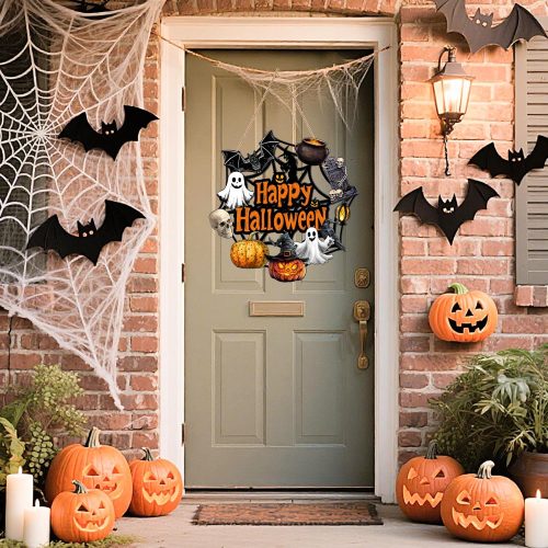 Halloween Door Decoration Wooden Ghost Wreath for Front Door Sign Pumpkin Bat Witch Wreath Hanging for Home Wall Decor Halloween Party Outdoor Indoor Supply