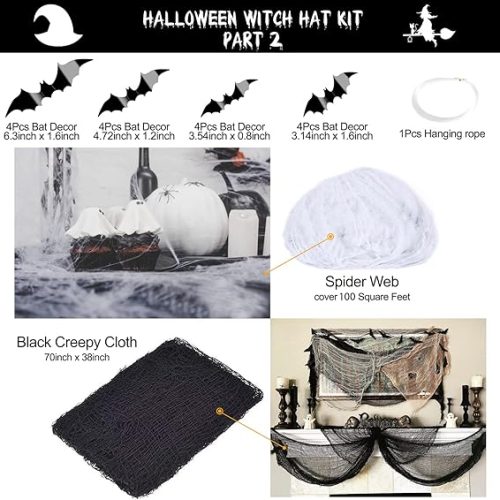 LINAYE Witch Hat XXL Kit - Halloween Decorations Including 12 PCS Black Witch Hats, 16 PCS 3D Bats, Spider Web, Creepy Cloth, Hanging Rope - Costume Headwear