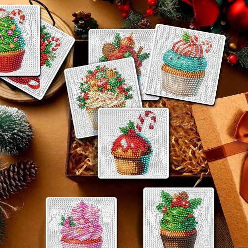 DIY Diamond Art Painting Fashion Coasters with Holder for Adults (Christmas Cupcake Coasters)