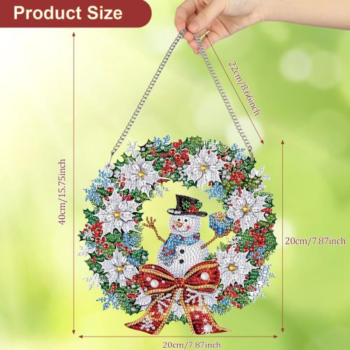 CEOVR Christmas Diamond Painting Hanging Ornament, 5D Special Shape Snowman Wreath Diamond Art, Crafts for Adults DIY Gem Art, Acrylic Home Garden Decor Wall Art with Chain, Box Kit, 7.87x7.87inch