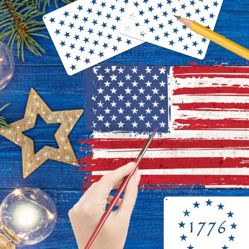 American Flag Stars Stencils – 12 Pcs Reusable 50 Star & 1776 13-Star Templates in 6 Sizes for Patriotic Crafts, Wood Painting, Fabric, Canvas, Wall