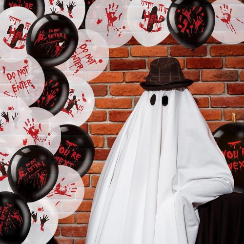 54PCS Halloween Balloons Bloody Balloons Black White Red Blood Splatter Balloons Handprint Latex Balloons Horror Zombie Latex Balloons Halloween Party Favor Scary Party Decoration
