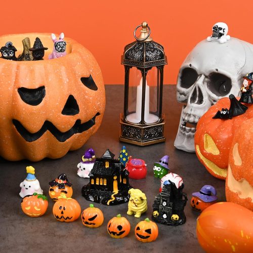 VAIPI 24 Pieces Mini Halloween Figurines Resin Miniatures Pumpkin Haunted House Bat Skeleton Ghost Dollhouse Scary Statue Decorations for Halloween Village Accessories Ornaments Tabletop Knick Knacks