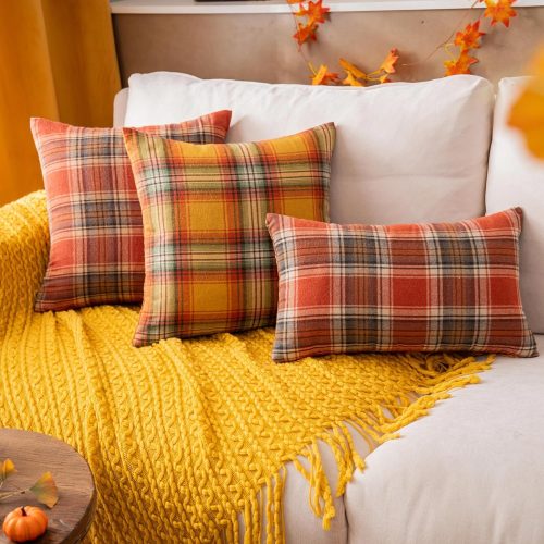 AQOTHES Fall Plaid Orange Throw Pillow Covers 20x20 Inch, Set of 2 Autumn Decorative Throw Pillows for Couch Sofa Bed Living Room Home Decor, Accent Pillow Cases for Farmhouse Couch Cushion Covers