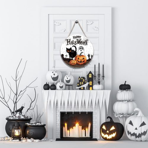 Happy Halloween Door Signs for Front Door Decor Pumpkin Black Cat Boo Wood Door Hanger Round Halloween Wooden Wall Hanging Decor for Halloween Holiday Party Indoor Outdoor Decorations