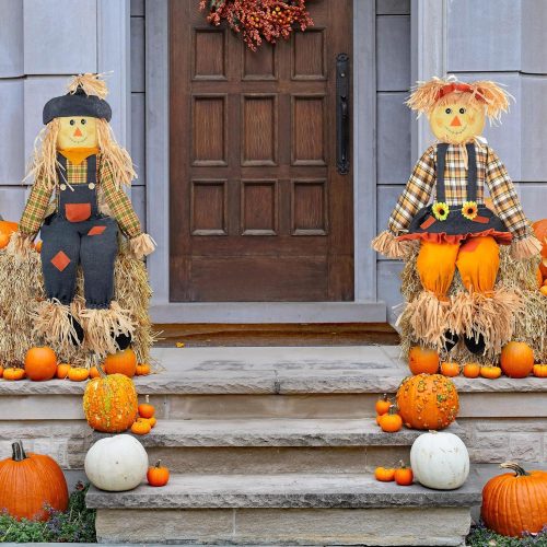 Thanksgiving Sitting Scarecrow Decor Set of 2 Large 50 Inch Boy Girl Couple Fall Decoration Indoor Outdoor Autumn Harvest Porch Yard Garden Home