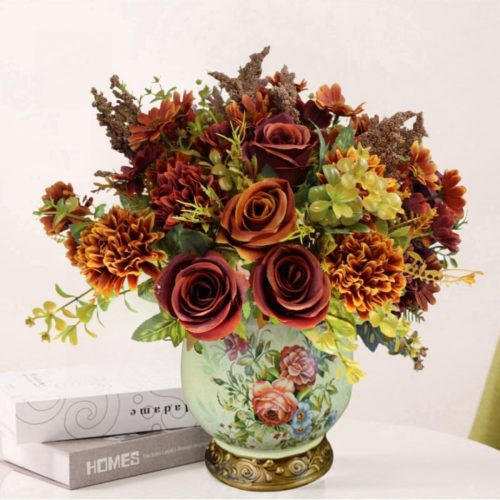 Artificial Fall Flowers, 4 Bundles Autumn Faux Flower Arrangements, Silk Roses Bouquets for Fall Decor, Home Decor, Table Centerpieces, Thanksgiving Decorations (Fall Color, 4 Bundles)