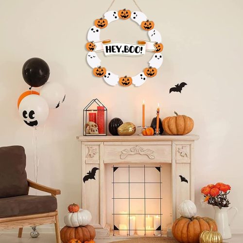 Halloween Decoration Wooden Ghost Door Wreath for Front Door Hey Boo Spooky Wall Decor Pumpkin Hanging Sign Happy Halloween Welcome Sign Party Outdoor indoor Supplies