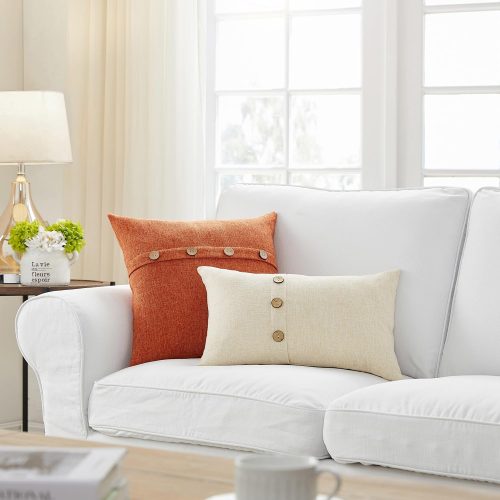 Meekio Set of 2 Fall Pillow Covers 18 x 18 Burnt Orange Pillow Covers with Coconut Buttons Fall Decorations for Home