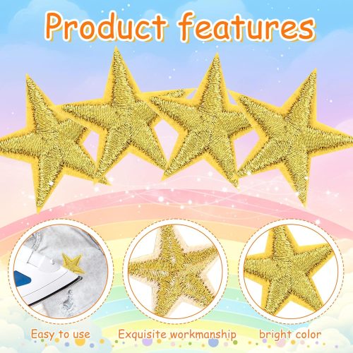 Morcheiong 100 Pcs Star Iron on Patches Gold 3cm Small Sew Embroidered Iron on Star Patches Bulk Appliques for Clothes Hats DIY Jeans Jackets Backpacks Embellishments