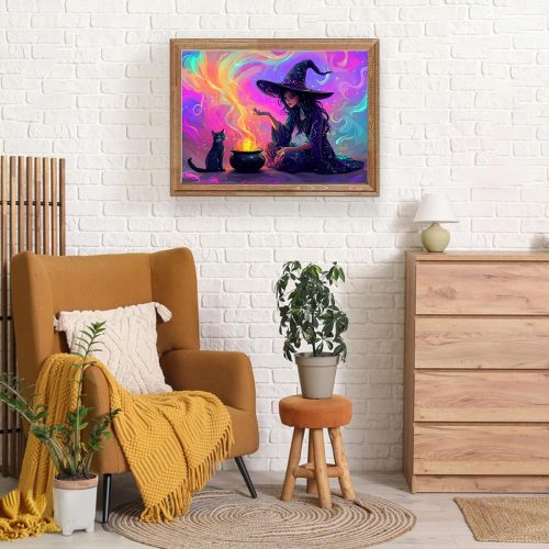 HEIBAGO Halloween Witch Diamond Art Kits for Adults, 5D Full Drill Round Black Cat Painting Gems with Magic Witch Diamond Painting, Diamond Dots Perfect for Home Wall Decor 12x16inch