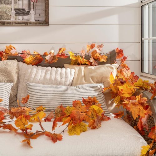 CQURE 2 Pack Fall Leaf Garland, 5.9Ft Autumn Garland Artificial Maple Leaf Garland Fall Leaves Hanging Vines Fall Maple Leaves Thanksgiving Decor for Home Christmas Fireplace Party