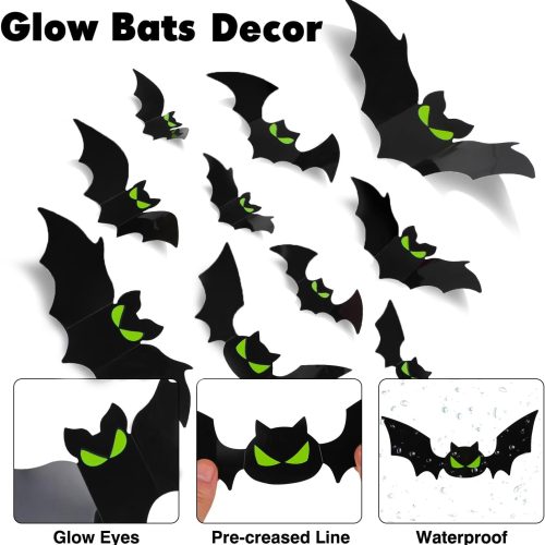 DIYASY 144 Pcs Bats Wall Decor, Glow in The Dark Bats 3D Bat Cutouts Halloween Decorations Light Up Eyes Paper Bat Stickers Black Plastic Sticky Decals for Home Indoor Outdoor décor Outside