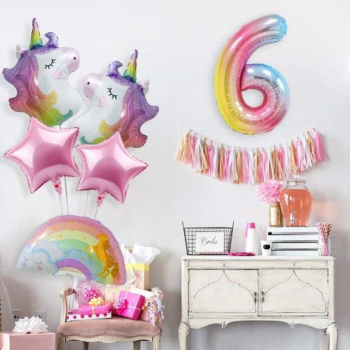 Unicorn Birthday Decorations for Girls– Rainbow Unicorn Balloon Bouquet with Number 6 Foil Balloon 6th Birthday Party Supplies